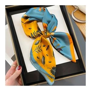 Women's Floral Vintage Two Tone Silk/Satin Head Scarf Wrap Blue/Yellow